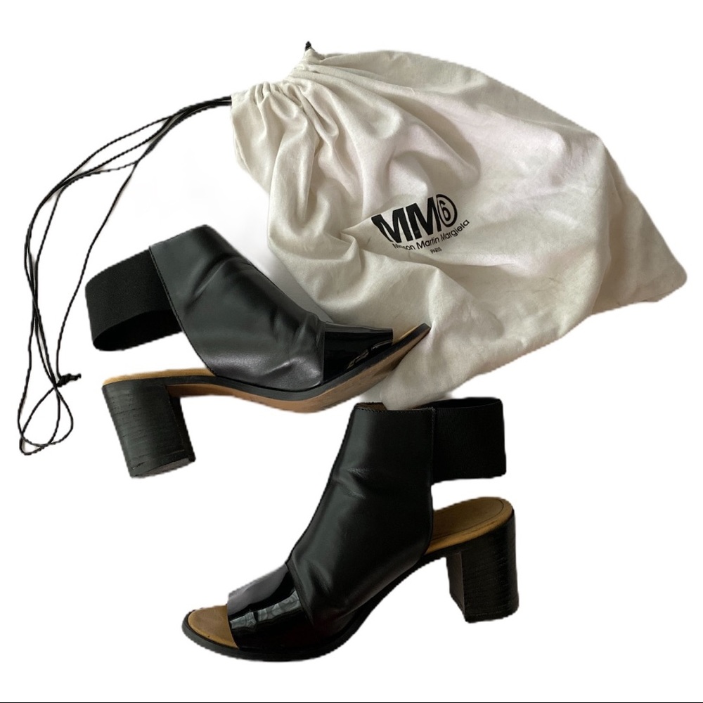 MM6 Black Leather Slingback Sandal Block Heels